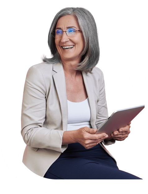 smiling woman on device